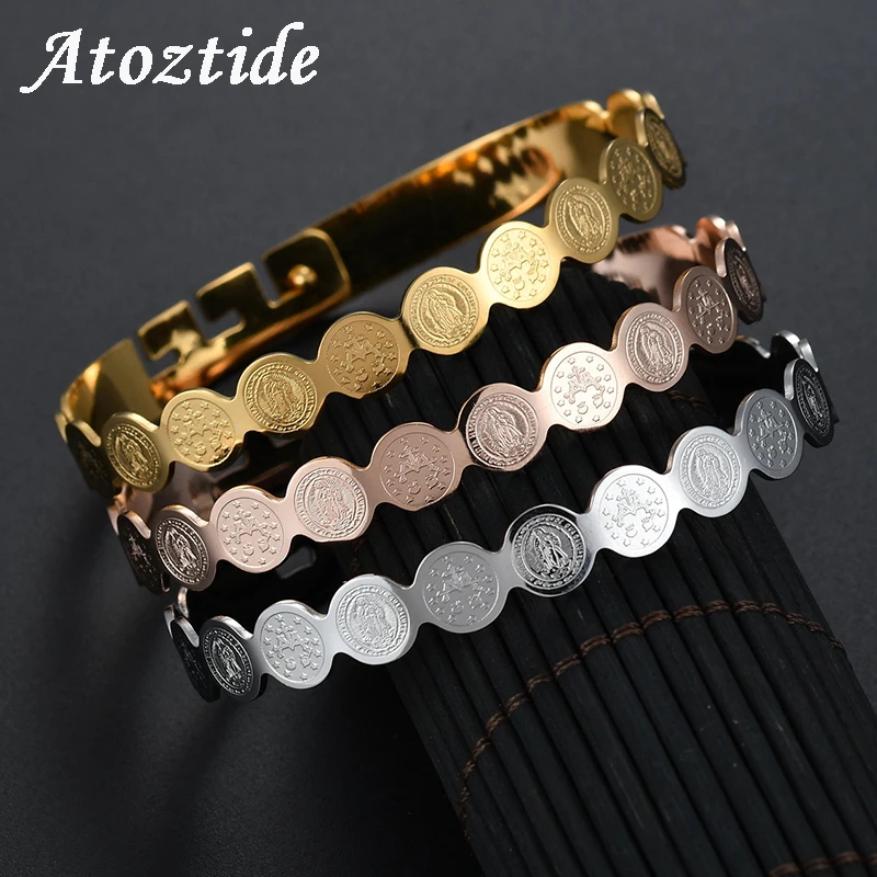 

Atoztide Religious Stainless Steel Wave Medal Virgin Mary Bracelets Adjustable Rose Gold Jesus Saint Benedict Amulet Bangle