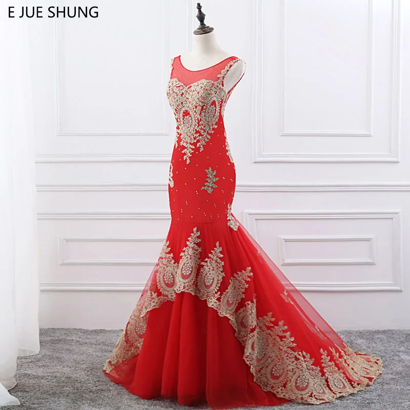 E JUE SHUNG Gold Lace Appliques Red Wedding Dresses 2018 Scoop Crystals Mermaid Wedding Gowns vestidos de novia robe de mariage
E JUE SHUNG Gold Lace Appliques Red Wedding Dresses 2018 Scoop Crystals Mermaid Wedding Gowns vestidos de novia robe de mariage