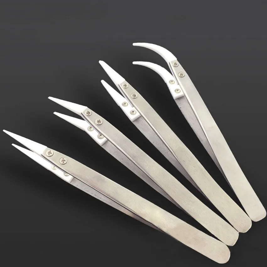 

4 Types Choose Ceramic Tweezers Heat Resistant Stainless Steel Body Multifunction Tweezers Hand Tools Curved Straight Tweezer