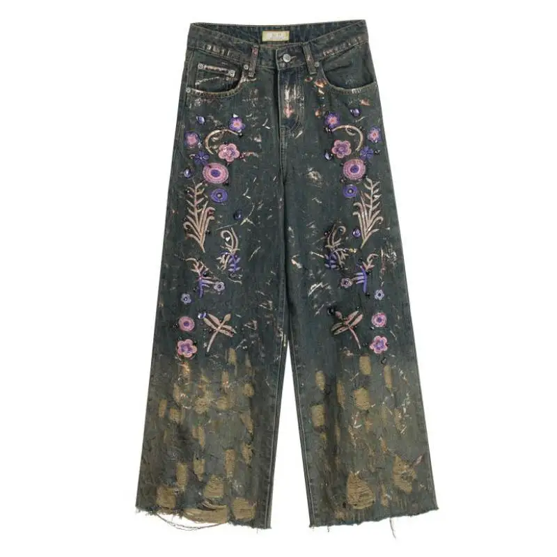 Fall Spring Casual Women Painted Ripped Hole Wide Leg High Waisted Denim Trousers , Woman Rhinestone Embroidery Jeans Pants
Fall Spring Casual Women Painted Ripped Hole Wide Leg High Waisted Denim Trousers , Woman Rhinestone Embroidery Jeans Pants