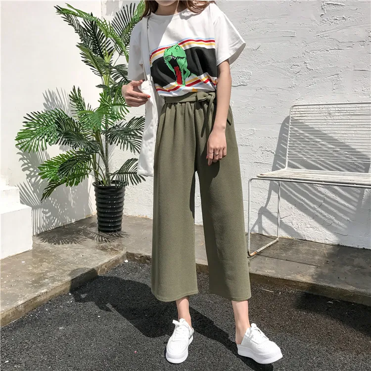 Plus Size - Casual Elastic Waist Loose Wide Leg Pants Preppy Style Trousers Female Palazzo Pants (Us 18W-20W)