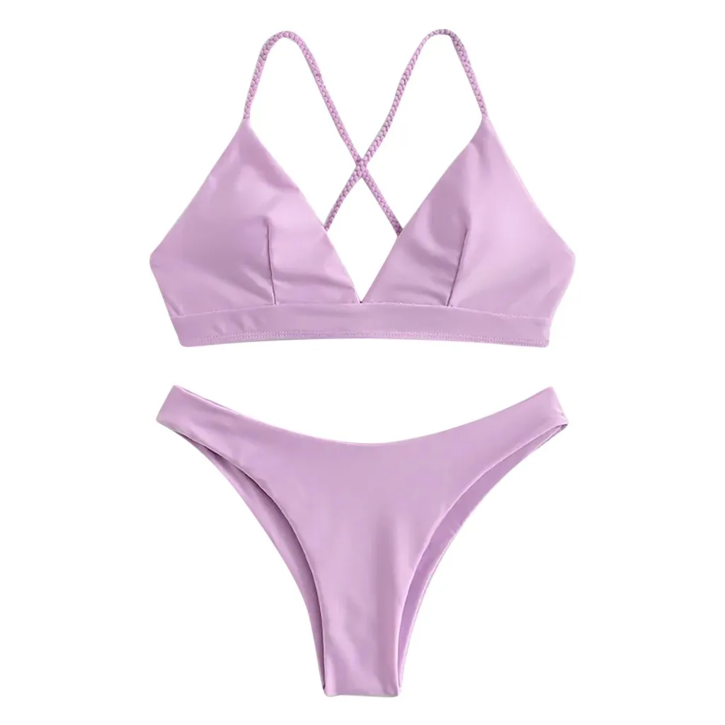 Women Sexy Solid Color V-Neck Bottom Bikini Set two pieces Padded Bandage Swimsuits purple stroje k pielowe damskie Vacation
Women Sexy Solid Color V-Neck Bottom Bikini Set two pieces Padded Bandage Swimsuits purple stroje k pielowe damskie Vacation