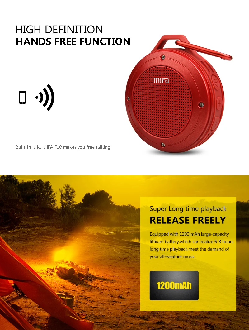 MIFA F10 Outdoor Wireless Bluetooth 4.0 Stereo Portable Speaker Built-in mic Shock Resistance IPX6 Waterproof Speaker with Bass 6