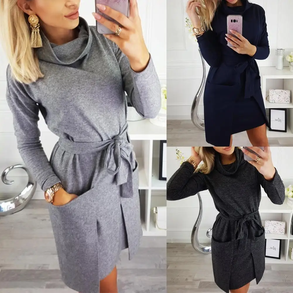 Women Casual Dress Cowl Neck Long Sleeve Pocket Irregular Hem Dress with Waist Strap
Women Casual Dress Cowl Neck Long Sleeve Pocket Irregular Hem Dress with Waist Strap