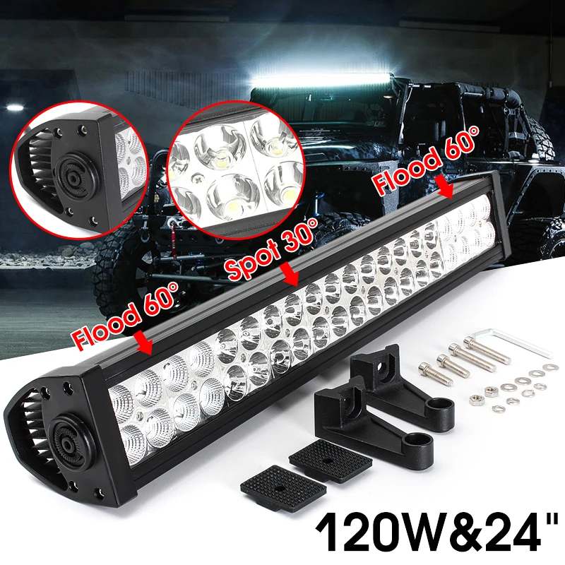 120W 9600LM Waterproof 24 Inch LED Off Road Boat Spot Flood Work Light Combo Beam Driving Lamp 6500K