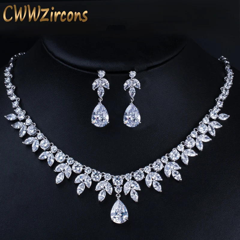 Wedding Round Cubic Zirconia CZ Jewelry Set Silver Stud Earrings Necklace Gift