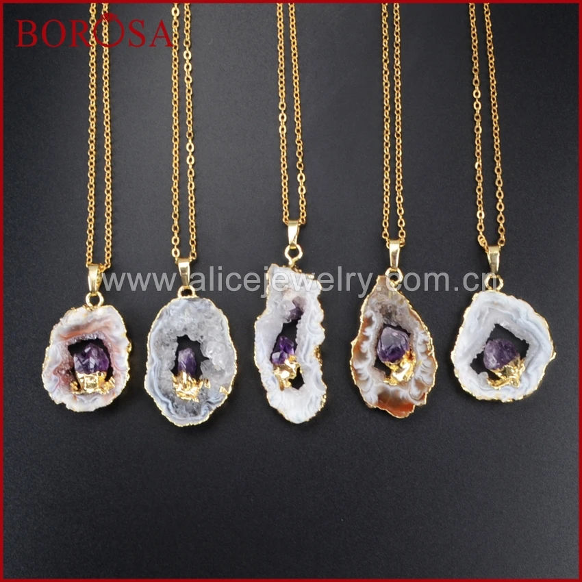 BOROSA Gold Color Freeform Natural Onyx Druzy Crystal Slice Pendant Inlay Natural Purple Crystal Necklace WX007-N
BOROSA Gold Color Freeform Natural Onyx Druzy Crystal Slice Pendant Inlay Natural Purple Crystal Necklace WX007-N