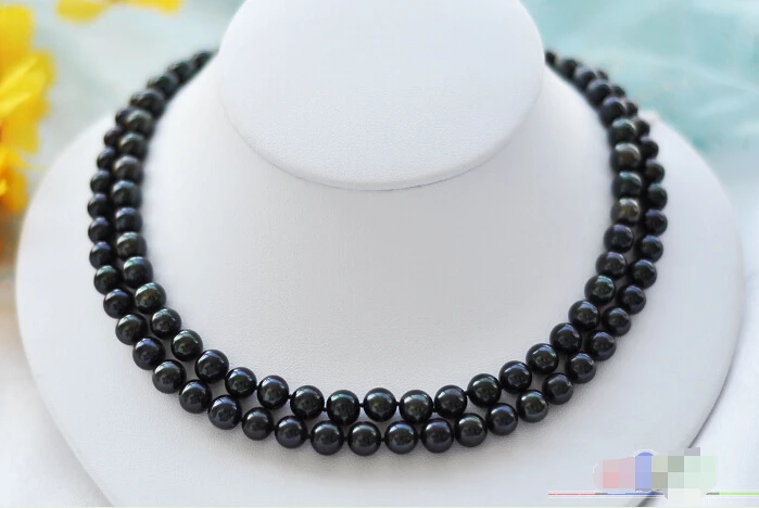 2row 9mm BLACK ROUND FRESHWATER PEARL NECKLACE MABE CLASP P3701^^^@^Noble style Natural Fine jewe fast SHIPPING