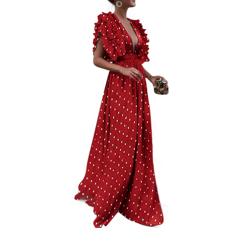 2019 women's summer dinder dress sexy deep V-neck wave dress petal sleeves waist dress high quality holiday beach dress S-XXXL 
2019 women's summer dinder dress sexy deep V-neck wave dress petal sleeves waist dress high quality holiday beach dress S-XXXL