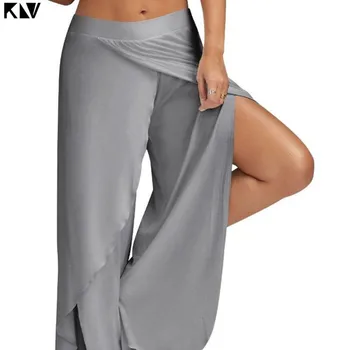 

Women Plus Size Wide Leg Cropped Pants Sexy High Split Flowy Wrap Layered Yoga Palazzo Trousers Casual Baggy Workout Loungewear