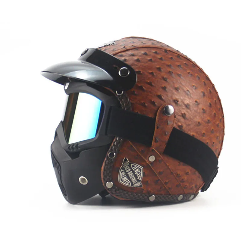 Image 2017 Leather Harley Helmets 3 4 Motorcycle Chopper Bike helmet open face vintage motorcycle helmet with goggle mask motocross