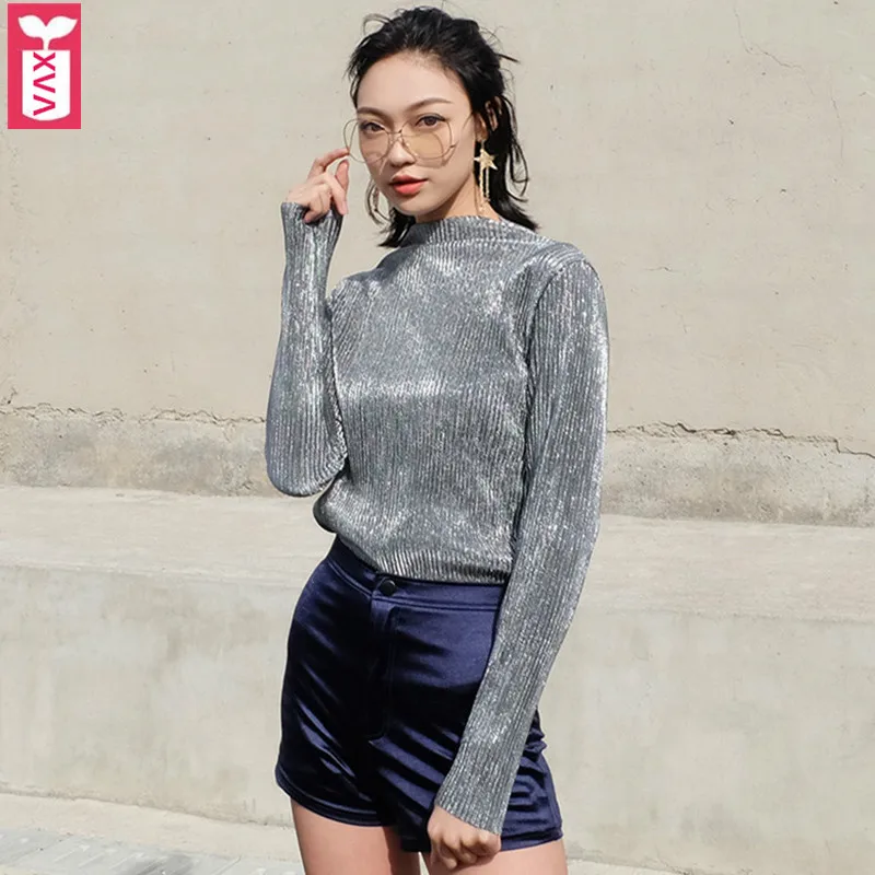 Europe Super Shiny Classic Silver Shirt Women Turtleneck Blouse Female Long Sleeve Tees Blusas Formal Vestidos Chemise 2019
Europe Super Shiny Classic Silver Shirt Women Turtleneck Blouse Female Long Sleeve Tees Blusas Formal Vestidos Chemise 2019