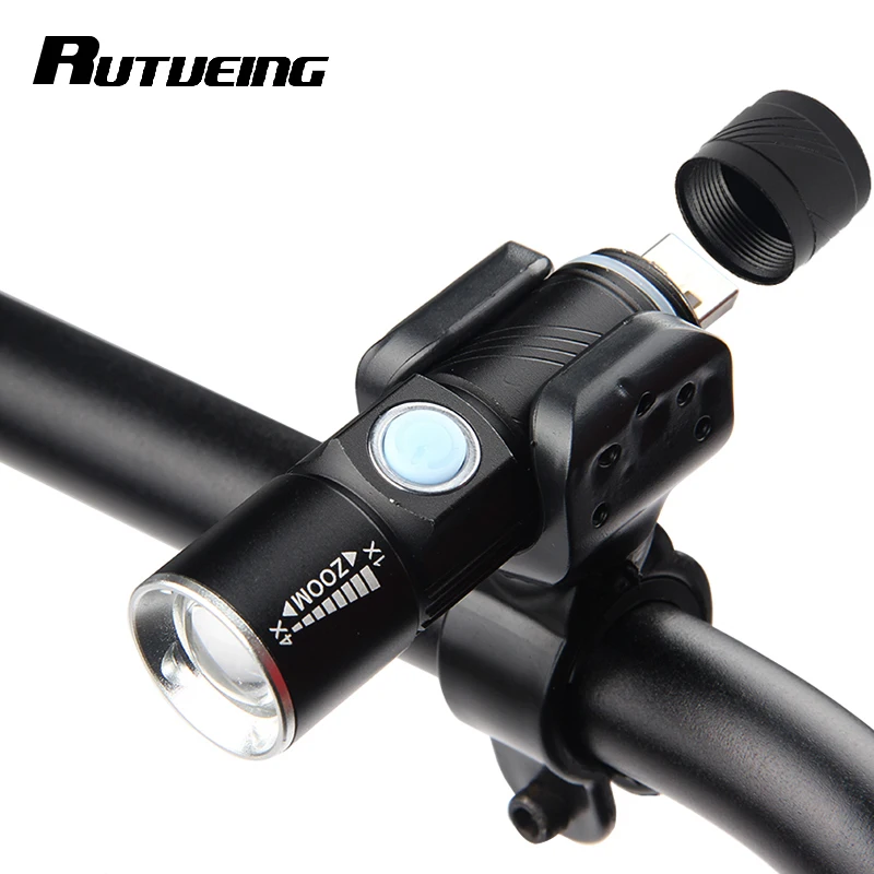Фото RUTVEING Bike Light Ultra-Bright Stretch Zoom 200m Bicycle Front LED Flashlight Lamp USB Rechargeable Cycling Rated | Спорт и