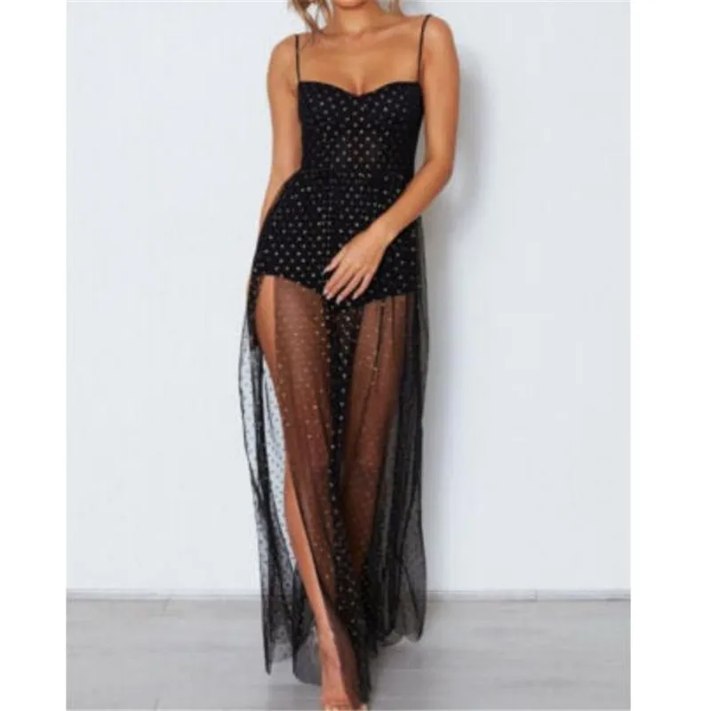 Women's High Split Long Dress Sleeveless Dot Printed Party Dresses Ladies' New Sexy Sheer Mesh Lace Beach Vestido Hot Selling
Women's High Split Long Dress Sleeveless Dot Printed Party Dresses Ladies' New Sexy Sheer Mesh Lace Beach Vestido Hot Selling