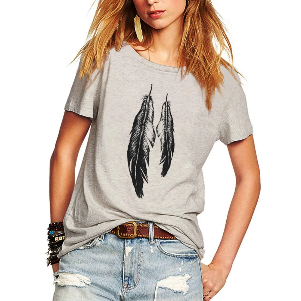 Summer feather print gray Tshirt short sleeve O-neck Casual Loose tees ladies fashion Off Shoulder Women T Shirt Feminina Z2176
Summer feather print gray Tshirt short sleeve O-neck Casual Loose tees ladies fashion Off Shoulder Women T Shirt Feminina Z2176