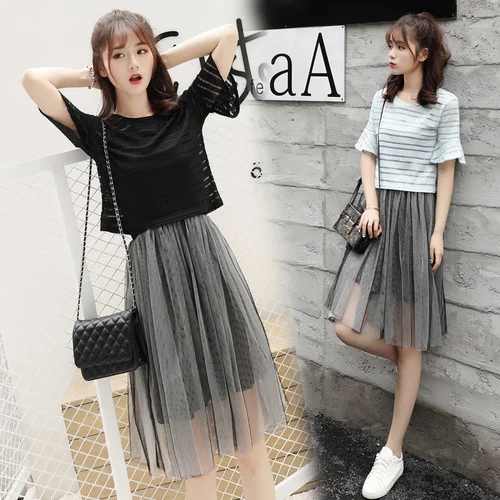 Summer Sets for Women 2019 Korean Style Short Sleeve Tops Mesh Slip Dress Two Piece Dress Matching Sets conjuntos de mujer S91
Summer Sets for Women 2019 Korean Style Short Sleeve Tops Mesh Slip Dress Two Piece Dress Matching Sets conjuntos de mujer S91