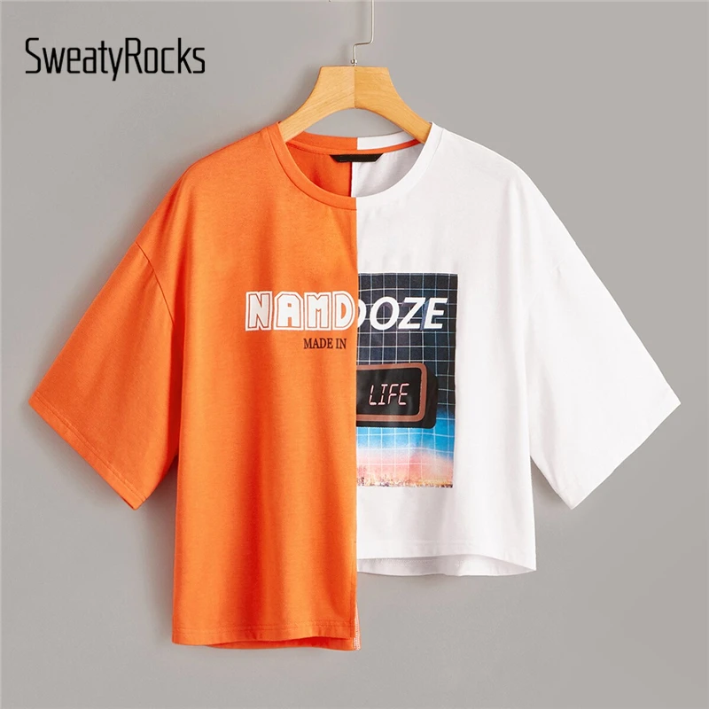 

SweatyRocks Mixed Print Two Tone Asymmetrical Neon Tee Streetwear Short Sleeve Tees 2019 Summer Casual Women Colorblock T-Shirts