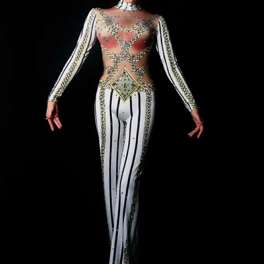 Striped Straight Jumpsuit Female Singer Sexy Leggings Jazz Costume One-piece Bodysuit Stretch Outfit Party Rompers DJ255
Striped Straight Jumpsuit Female Singer Sexy Leggings Jazz Costume One-piece Bodysuit Stretch Outfit Party Rompers DJ255