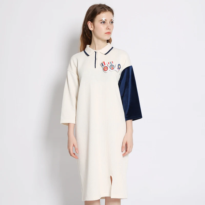 2018 Spring New Women Knitted Dress Turn-down Collar Half Sleeve Stitching Velor With Brooch Splicing Hem Ladies Loose Dresses
2018 Spring New Women Knitted Dress Turn-down Collar Half Sleeve Stitching Velor With Brooch Splicing Hem Ladies Loose Dresses