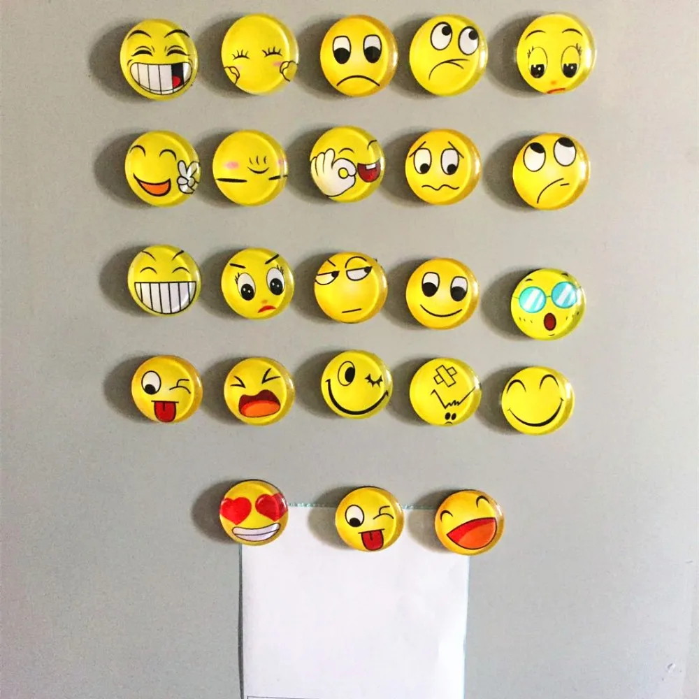 

30mm Glass Dome Round Cute Smile Emoji Face Expressions Refrigerator Sticker Fridge Magnet For Kids Message Holder Home Decor