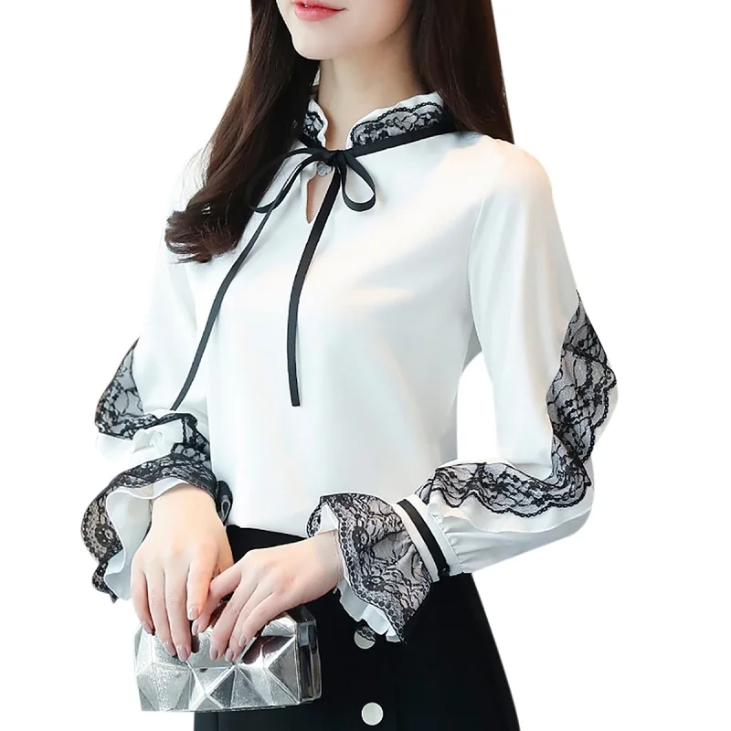 

Women's Blouse Stand Collar Long Flare Sleeve Lace Patched Bow Top