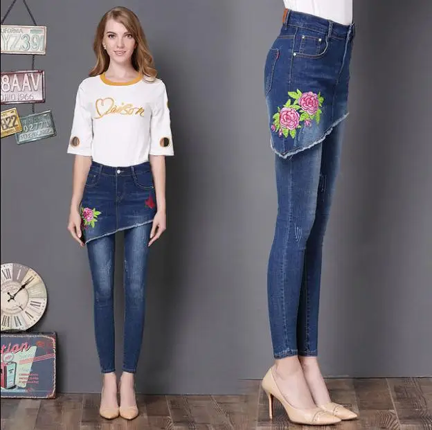 2019 Spring Women'S Embroidered Jeans Skirt Fake Two Pieces Of Denim Trousers Embroidered Feet Pencil Pants Female Trousers D3
2019 Spring Women'S Embroidered Jeans Skirt Fake Two Pieces Of Denim Trousers Embroidered Feet Pencil Pants Female Trousers D3