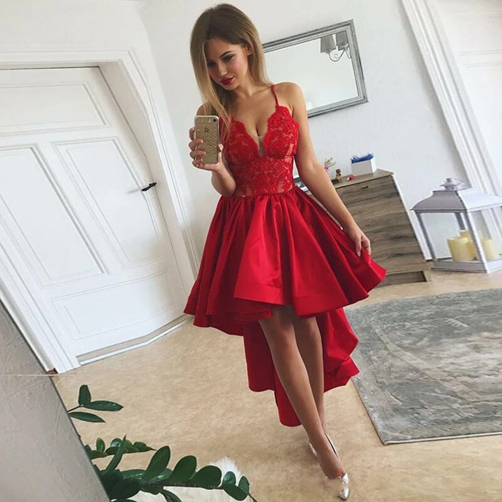 Red High Low Cocktail Dresses 2019 Sexy Spaghetti Lace And Satin Evening Gowns Ruffles Cheap Prom Party Dress
Red High Low Cocktail Dresses 2019 Sexy Spaghetti Lace And Satin Evening Gowns Ruffles Cheap Prom Party Dress