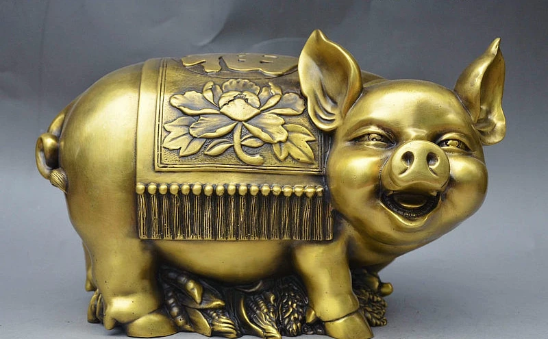 13" China Folk FengShui Palace Bronze Auspicious Lucky Wealth Pig Piggy Bank Box
13" China Folk FengShui Palace Bronze Auspicious Lucky Wealth Pig Piggy Bank Box
