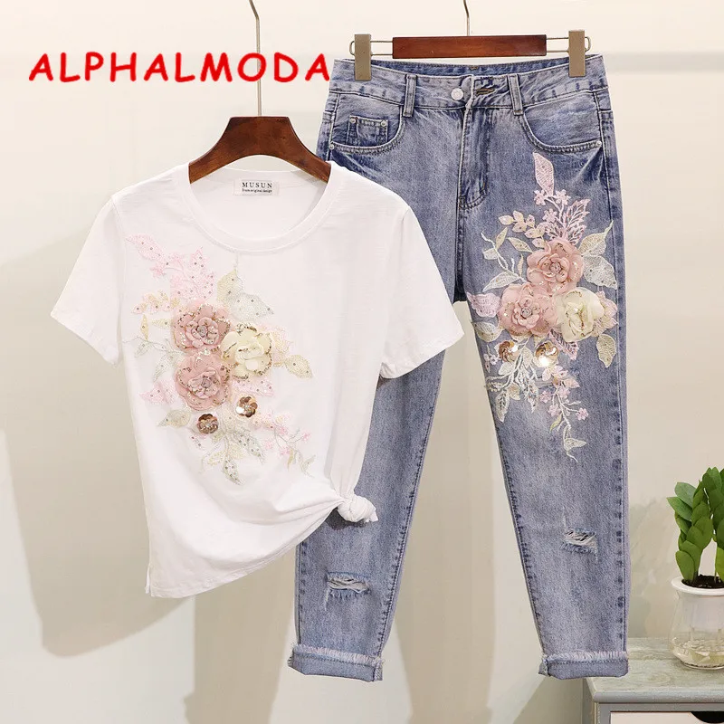 ALPHALMODA European Station Embroider 3D Flowers Sequined Tshirts Ripped Jeans Women Summer Trendy Clothing Selling Separately
ALPHALMODA European Station Embroider 3D Flowers Sequined Tshirts Ripped Jeans Women Summer Trendy Clothing Selling Separately