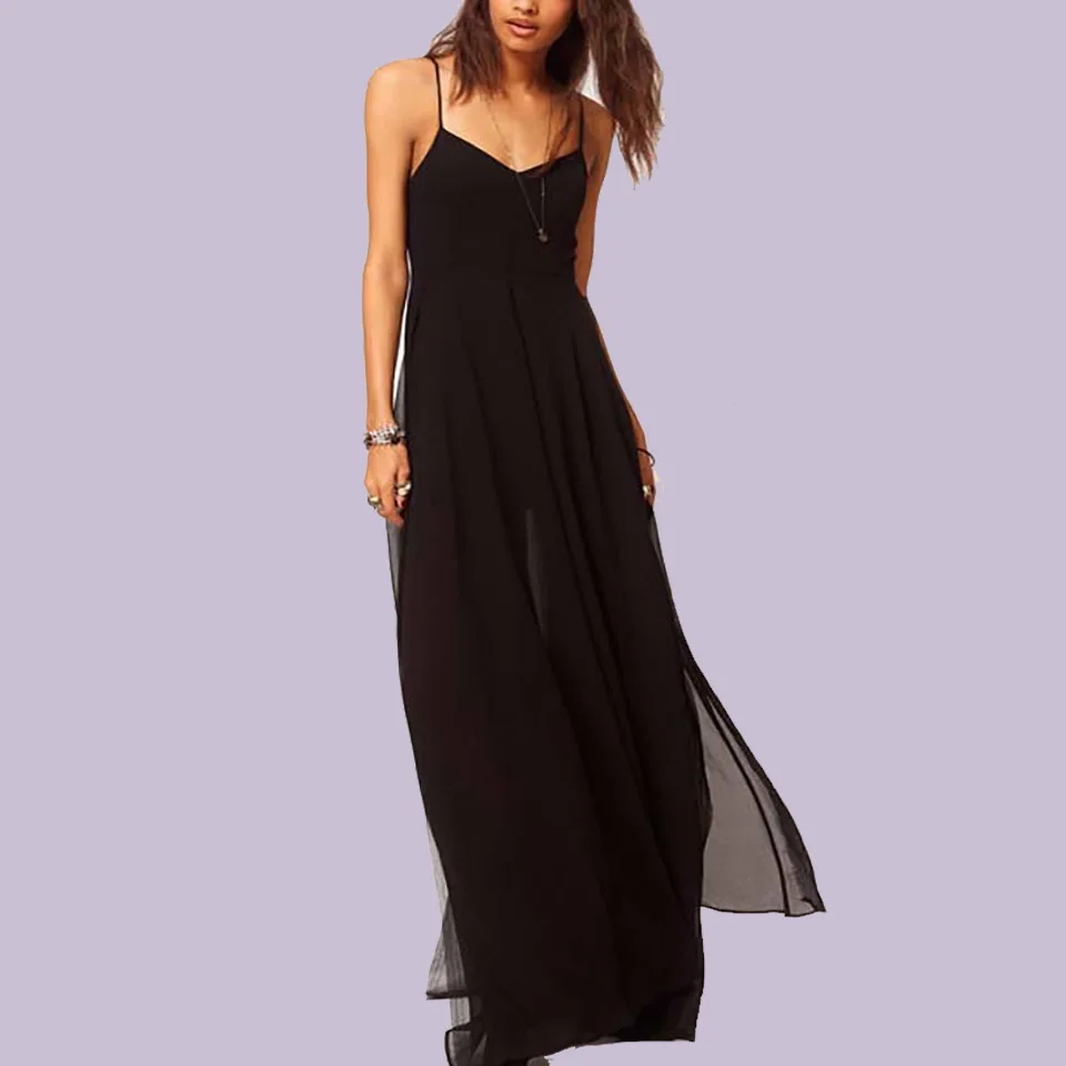 

Thigh Split Dress Side Slit Sukienka Summer Holiday Maxi Dress Boho Women Gown Black Sleeveless Dress Suspender Robe Femme 2019