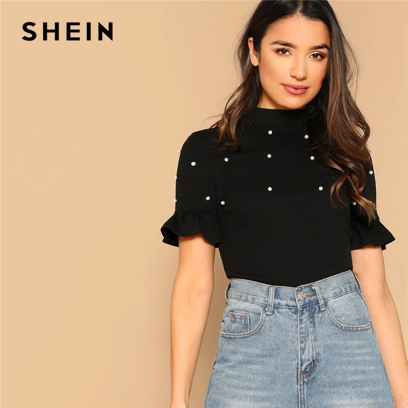 

SHEIN Black Mock Neck Flounce Short Sleeve Pearls Beaded Fitted Top Elegant T Shirt Spring Women Knitted Workwear Tshirt Tops