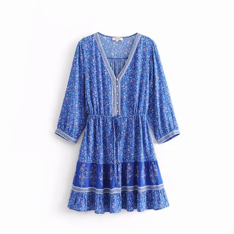 Autumn Bohemian Blue Floral Button Deep V-Neck 3/4 Sleeve Drawstring Waist Lacing up Bow Bell Mini A-Line Dress Party Beach
Autumn Bohemian Blue Floral Button Deep V-Neck 3/4 Sleeve Drawstring Waist Lacing up Bow Bell Mini A-Line Dress Party Beach