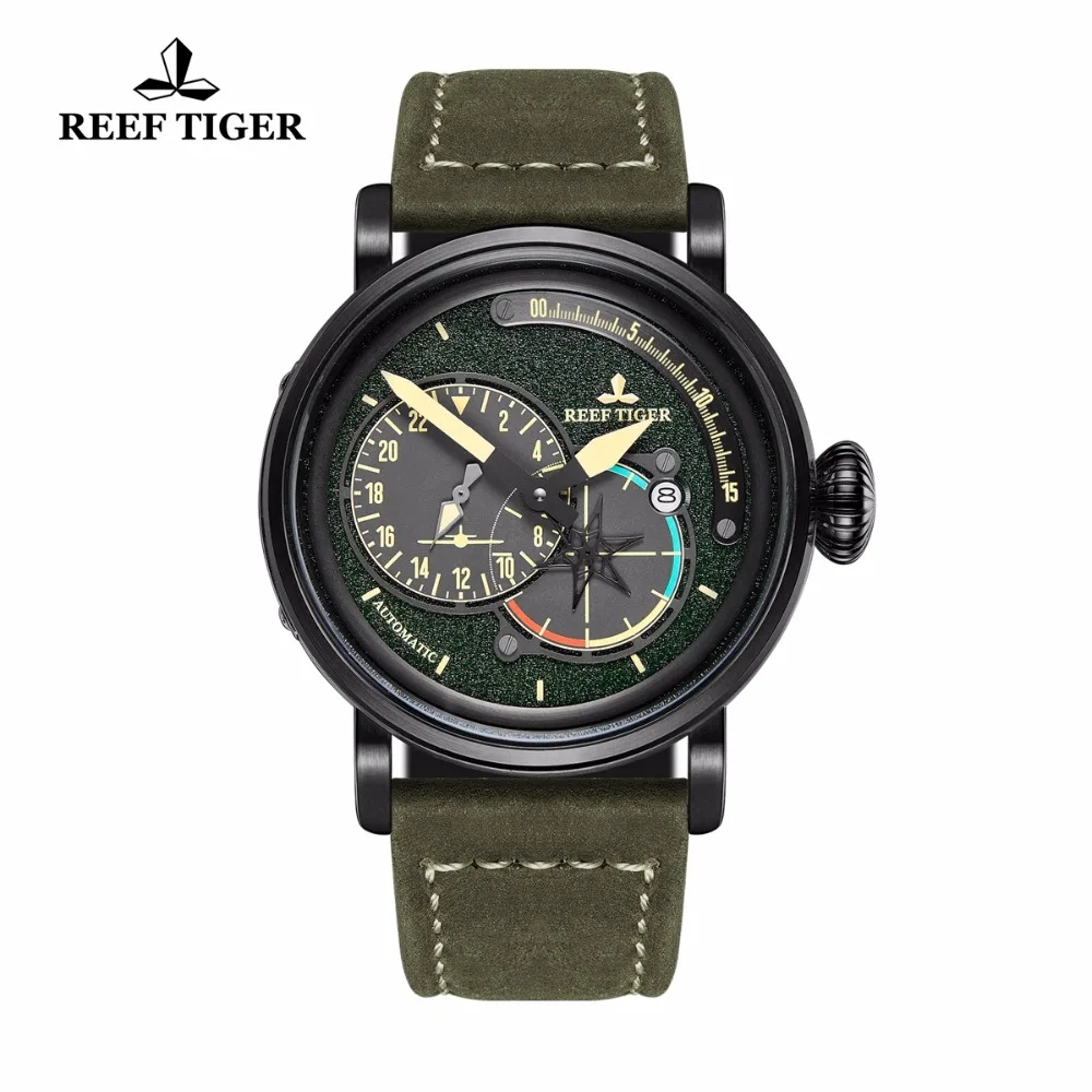 Мужские наручные часы Reef Tiger/RT черные стальные военные для мужчин автоматические