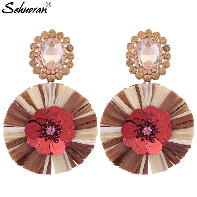 

Sehuoran Brincos Drop Earrings For Women Round Sector Pendientes Crystal Big Earrings Bohemian Exaggeration Handmade Earing