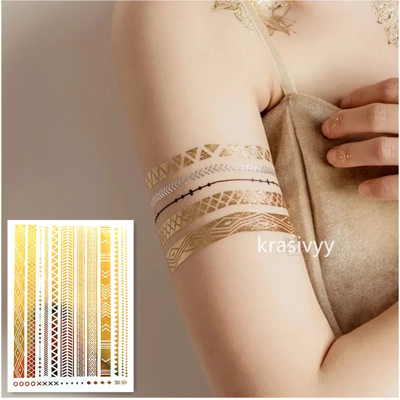 

Временные золотые татуировки Krasivyy, наклейки на ювелирные изделия, браслет, татуировки для вечеринок, флеш, тату, паста, макияж, girsl arm, водостойкая татуировка