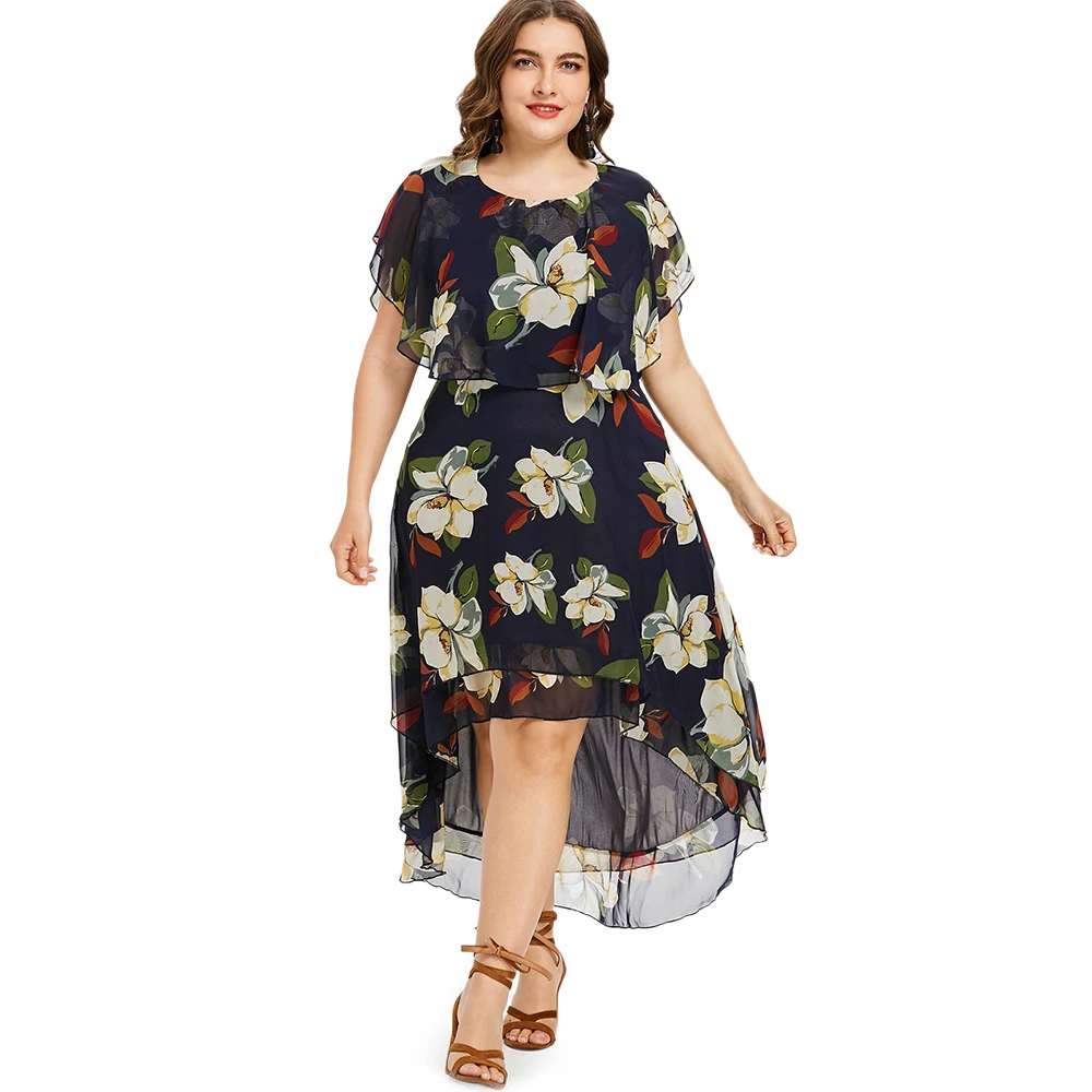 Plus Size Flower Print Flowy Summer Dress Asymmetrical Short Sleeves O-Neck Casual Capelet Capelet Large Sizes Vestidos 2 Colors
Plus Size Flower Print Flowy Summer Dress Asymmetrical Short Sleeves O-Neck Casual Capelet Capelet Large Sizes Vestidos 2 Colors