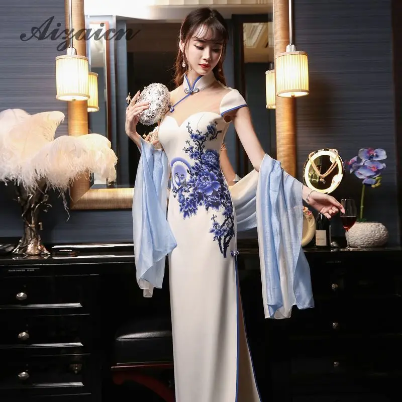 Длинное китайское платье Ципао с фарфоровым принтом традиционная китайская