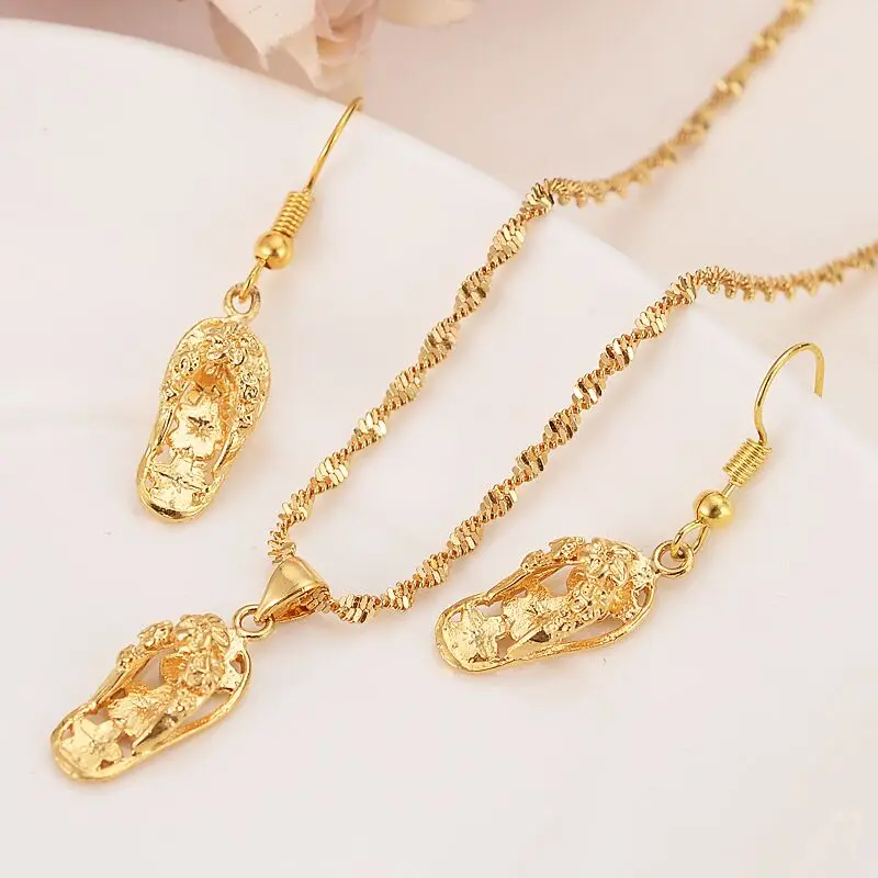 

14 k Yellow Solid Fine Gold Finish Lovely Slipper Pendant Necklaces earrings Women girls party jewelry sets gifts diy charms