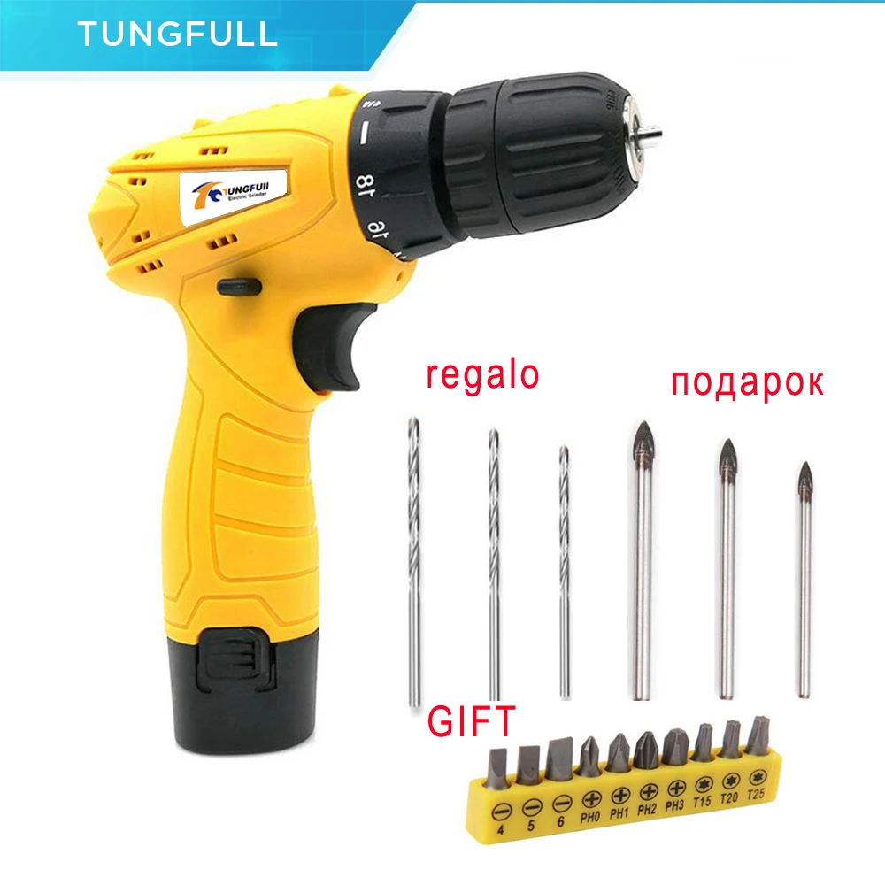 Tungfull 12V Electric Drill Electric Screwdriver Lithium Battery Rechargeable Parafusadeira Furadeira power tools Led light