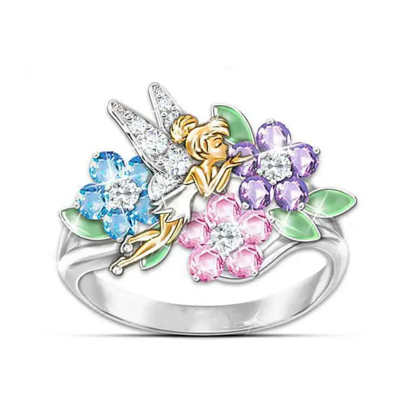 Фэнтези Цветок Фея Ангел кольца для женщин красочные кристалл кольцо крылья мода