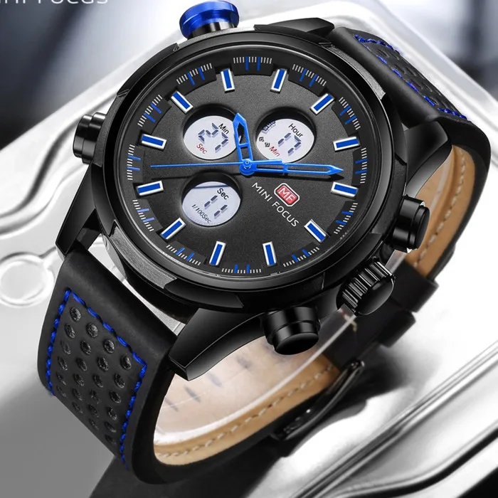 MINI FOCUS Top Brand Luxury Dual Display Men Sports Watches Men's Quartz Analog LED Clock Male Leather Army Military Wrist Watch