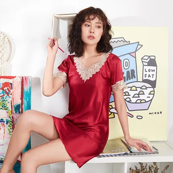 Women Summer Sleepwear 2020 Sexy Nightdress Solid Color Lady Home Dressing Gown Lace Trim Nightgown Short Sleeve Nightwear 
Women Summer Sleepwear 2020 Sexy Nightdress Solid Color Lady Home Dressing Gown Lace Trim Nightgown Short Sleeve Nightwear