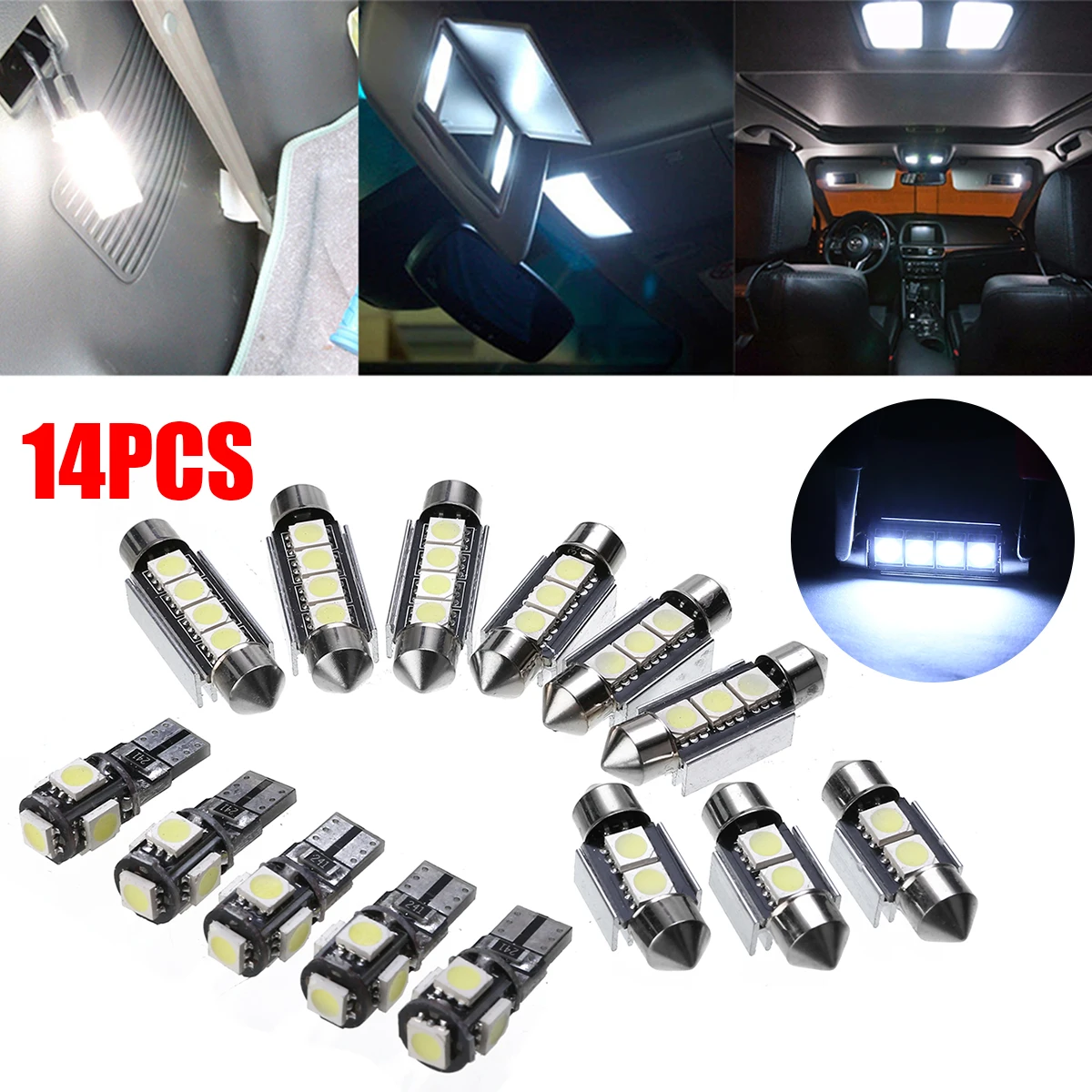 14pcs White Car Interior LED Light Set Kit 39/41/42mm License Plate Reading Ceiling Lamp For BMW 3 Series E90 328i 335i M3