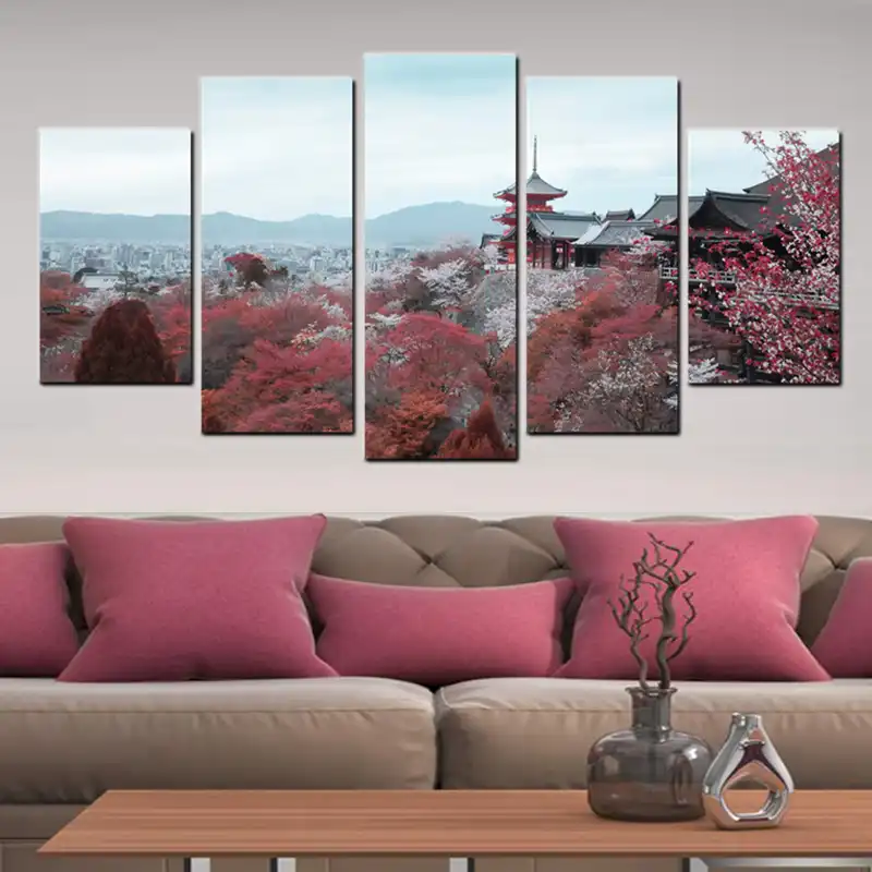 Cuadro De Paisaje De Templos Japoneses Lienzo Artistico Arbol