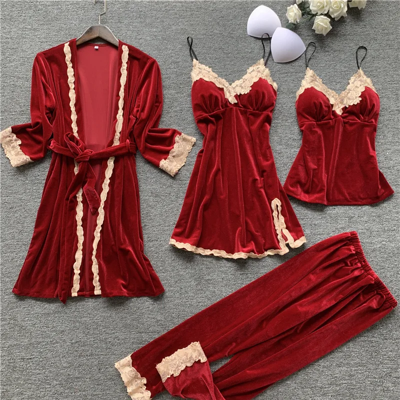Sexy Women Sleepwear Robe with Pants Velvet Pajamas Lace Sleep Lounge 4 Pcs Sets Ladies Nightgown Bathrobe Indoor Clothing Suit
Sexy Women Sleepwear Robe with Pants Velvet Pajamas Lace Sleep Lounge 4 Pcs Sets Ladies Nightgown Bathrobe Indoor Clothing Suit