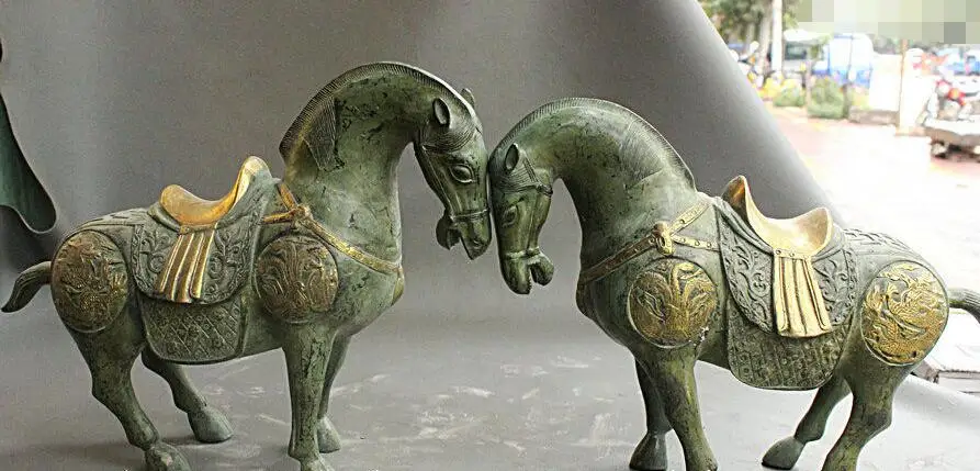 14" Chinese Bronze Gilt Dragon Phoenix Sculpture Success Tang Horse Pair Statue
14" Chinese Bronze Gilt Dragon Phoenix Sculpture Success Tang Horse Pair Statue