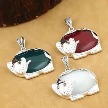 

FNJ MARCASITE Elephant Pendant 925 Silver Hang White Green Red Stone Pure S925 Thai Silver Pendants Women for Jewelry Making