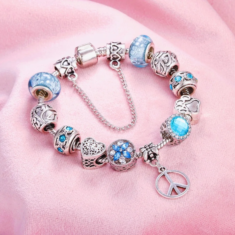 DIY Jewelry Charm Women Bracelet Punk Peace Sign Pendant Blue Crystal Beads Silver Snake Chain Bracelets Bangles Femme Girl Gift
DIY Jewelry Charm Women Bracelet Punk Peace Sign Pendant Blue Crystal Beads Silver Snake Chain Bracelets Bangles Femme Girl Gift