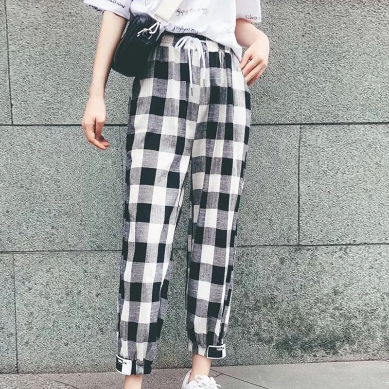 Брюки женские в Корейском стиле со средней талией прямые клетчатые брюки до