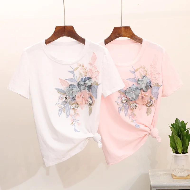 Casual T shirts cotton Women Summer top 2019 Embroidery Sequin Flower Short sleeve Tees Wild Fashion Ladies Tshirts Tops | Женская